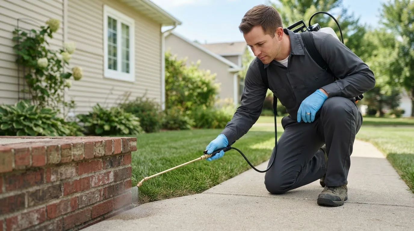 Pest control technician treating a home near Randleman, NC